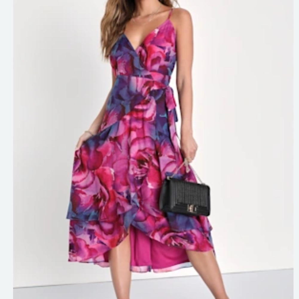 Lulu's Vibrant Pink and Blue Floral Midi Dress